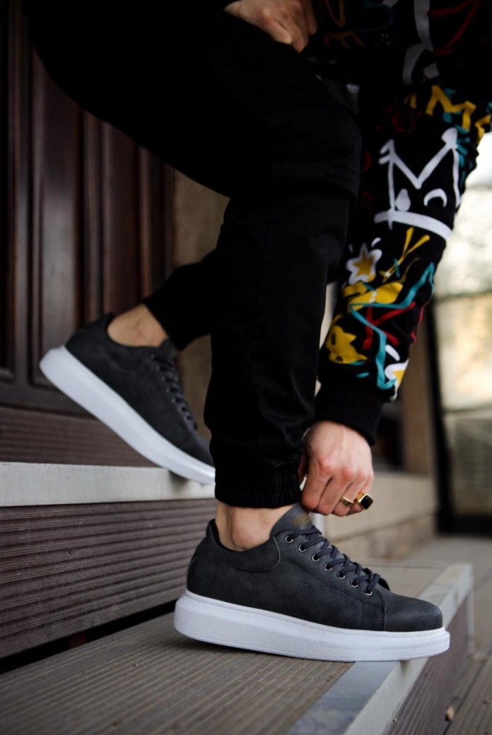 KN044 Erkek Günlük Bağcıklı Cilt Spor Sneaker Ayakkabı CBT - Gri
