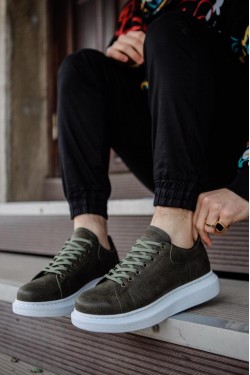 KN044 Erkek Günlük Bağcıklı Cilt Spor Sneaker Ayakkabı CBT - Haki