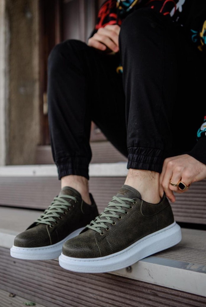 KN044 Erkek Günlük Bağcıklı Cilt Spor Sneaker Ayakkabı CBT - Haki