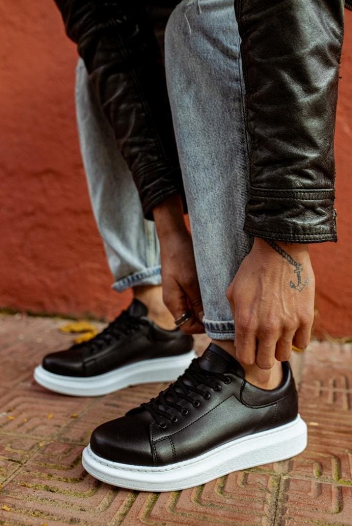 KN044 Erkek Günlük Bağcıklı Cilt Spor Sneaker Ayakkabı CBT - Siyah