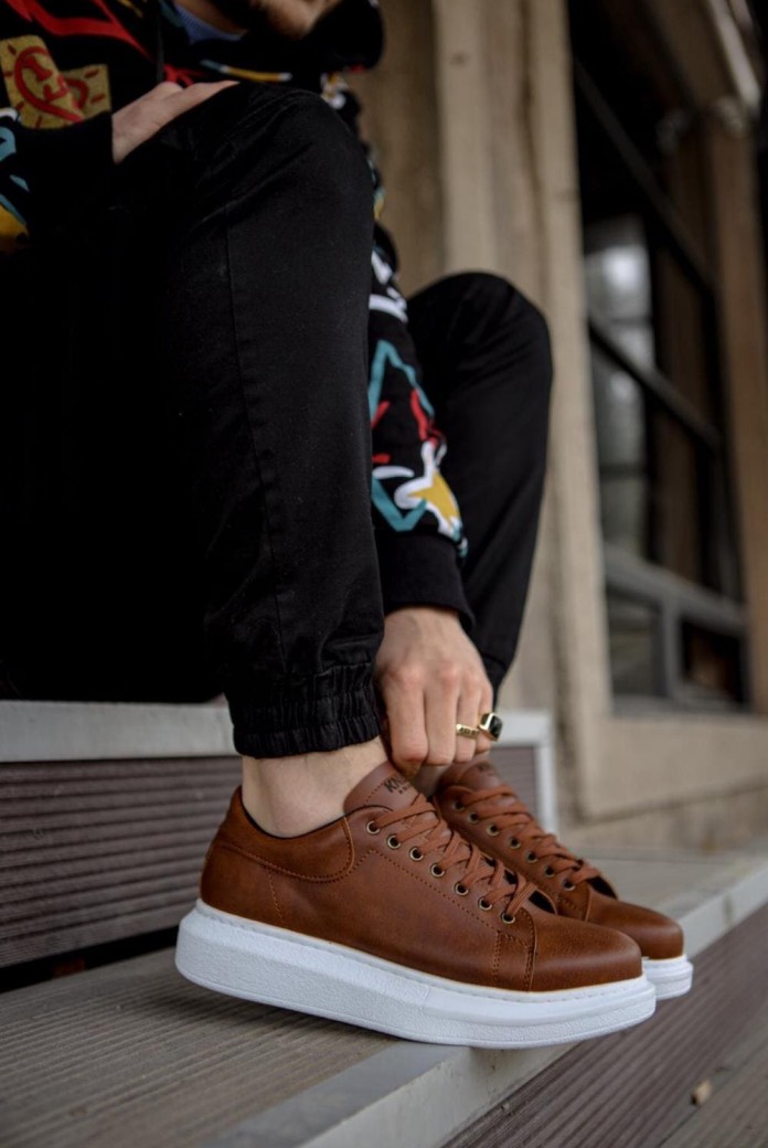 KN044 Erkek Günlük Bağcıklı Cilt Spor Sneaker Ayakkabı CBT - Taba