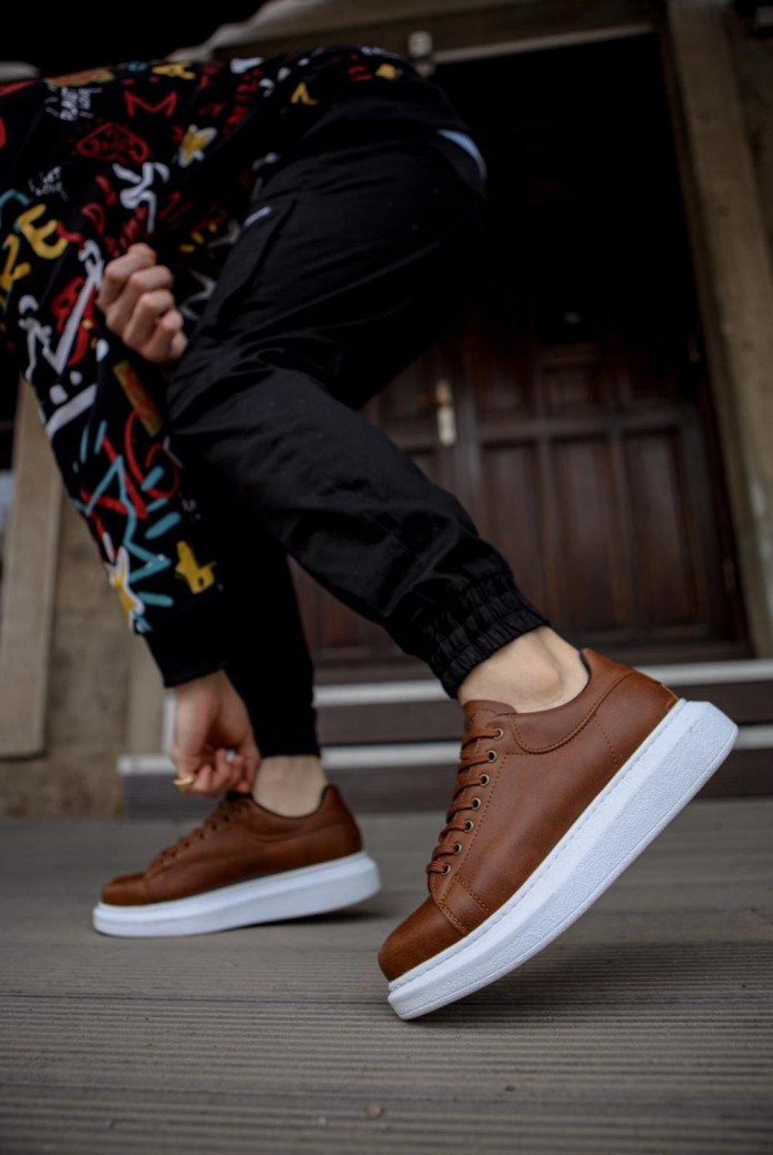 KN044 Erkek Günlük Bağcıklı Cilt Spor Sneaker Ayakkabı CBT - Taba