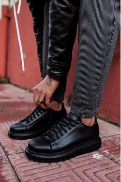 KN044 Erkek Günlük Bağcıklı Cilt Spor Sneaker Ayakkabı CST - Siyah