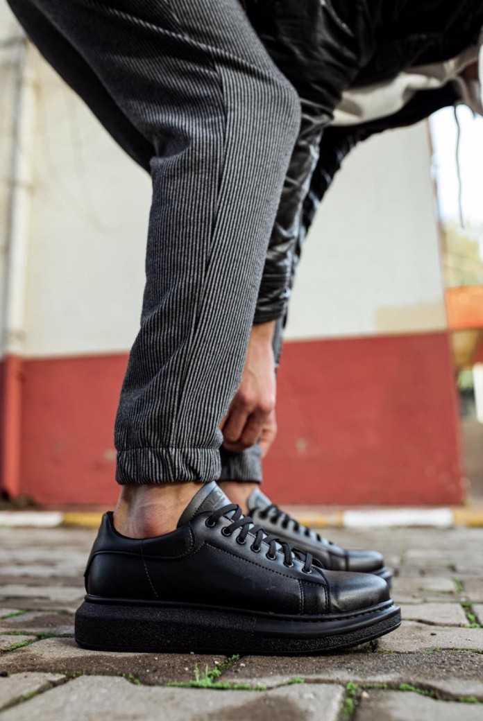 KN044 Erkek Günlük Bağcıklı Cilt Spor Sneaker Ayakkabı CST - Siyah