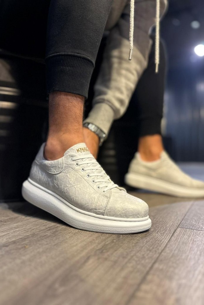 KN044 Erkek Günlük Bağcıklı Desenli Cilt Spor Sneaker Ayakkabı CBT - Beyaz