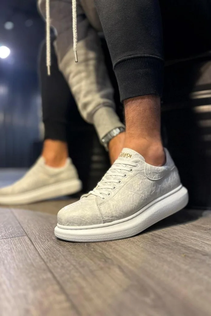 KN044 Erkek Günlük Bağcıklı Desenli Cilt Spor Sneaker Ayakkabı CBT - Beyaz