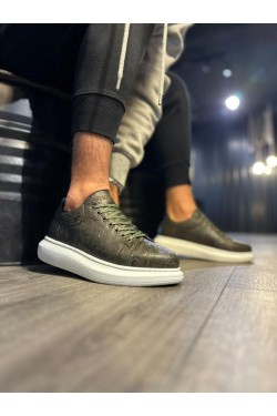 KN044 Erkek Günlük Bağcıklı Desenli Cilt Spor Sneaker Ayakkabı CBT - Haki