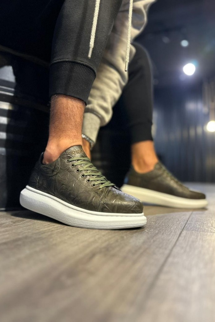 KN044 Erkek Günlük Bağcıklı Desenli Cilt Spor Sneaker Ayakkabı CBT - Haki