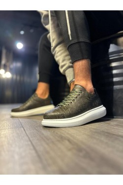 KN044 Erkek Günlük Bağcıklı Desenli Cilt Spor Sneaker Ayakkabı CBT - Haki