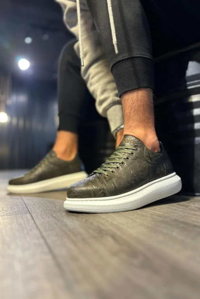 KN044 Erkek Günlük Bağcıklı Desenli Cilt Spor Sneaker Ayakkabı CBT - Haki