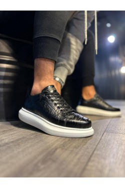 KN044 Erkek Günlük Bağcıklı Desenli Cilt Spor Sneaker Ayakkabı CBT - Siyah