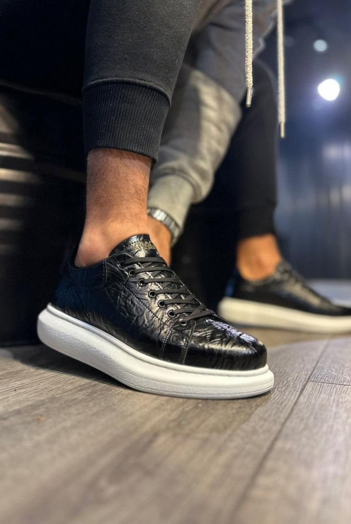 KN044 Erkek Günlük Bağcıklı Desenli Cilt Spor Sneaker Ayakkabı CBT - Siyah