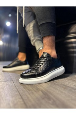 KN044 Erkek Günlük Bağcıklı Desenli Cilt Spor Sneaker Ayakkabı CBT - Siyah