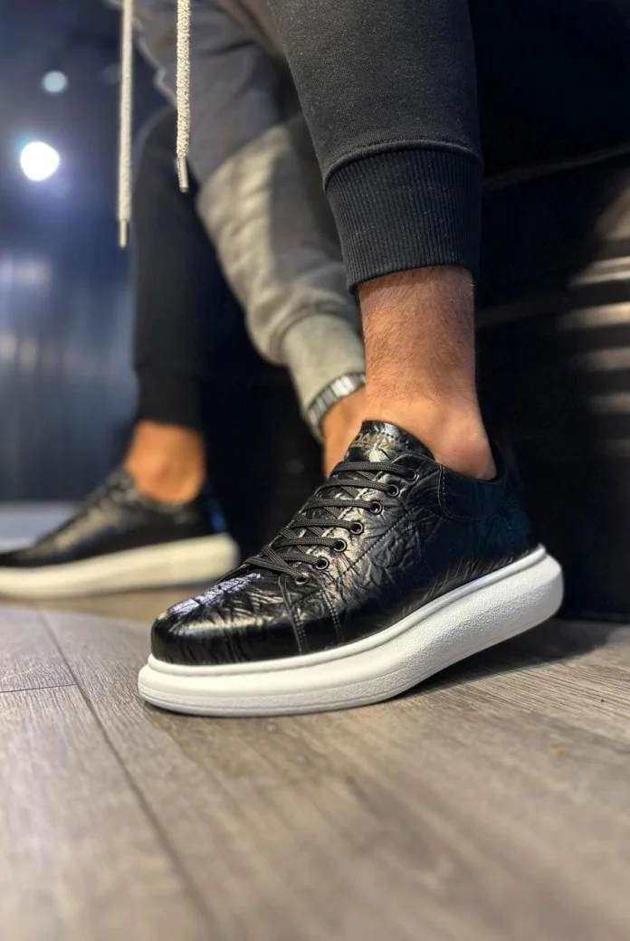 KN044 Erkek Günlük Bağcıklı Desenli Cilt Spor Sneaker Ayakkabı CBT - Siyah