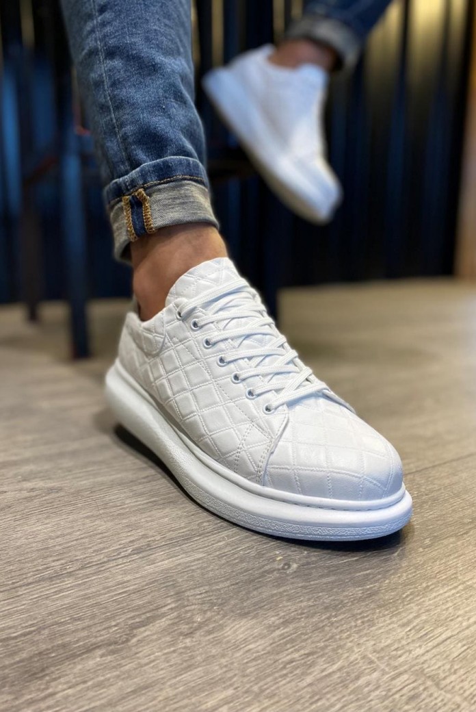 KN044 Erkek Günlük Bağcıklı Kapitone Desenli Cilt Spor Sneaker Ayakkabı CBT - Beyaz
