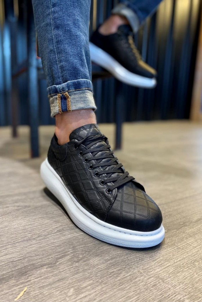 KN044 Erkek Günlük Bağcıklı Kapitone Desenli Cilt Spor Sneaker Ayakkabı CBT - Siyah