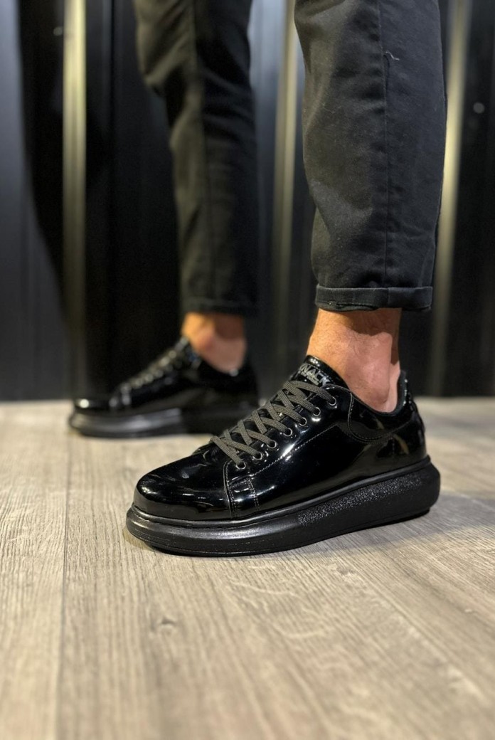 KN044 Erkek Günlük Bağcıklı Rugan Spor Sneaker Ayakkabı RST - Siyah