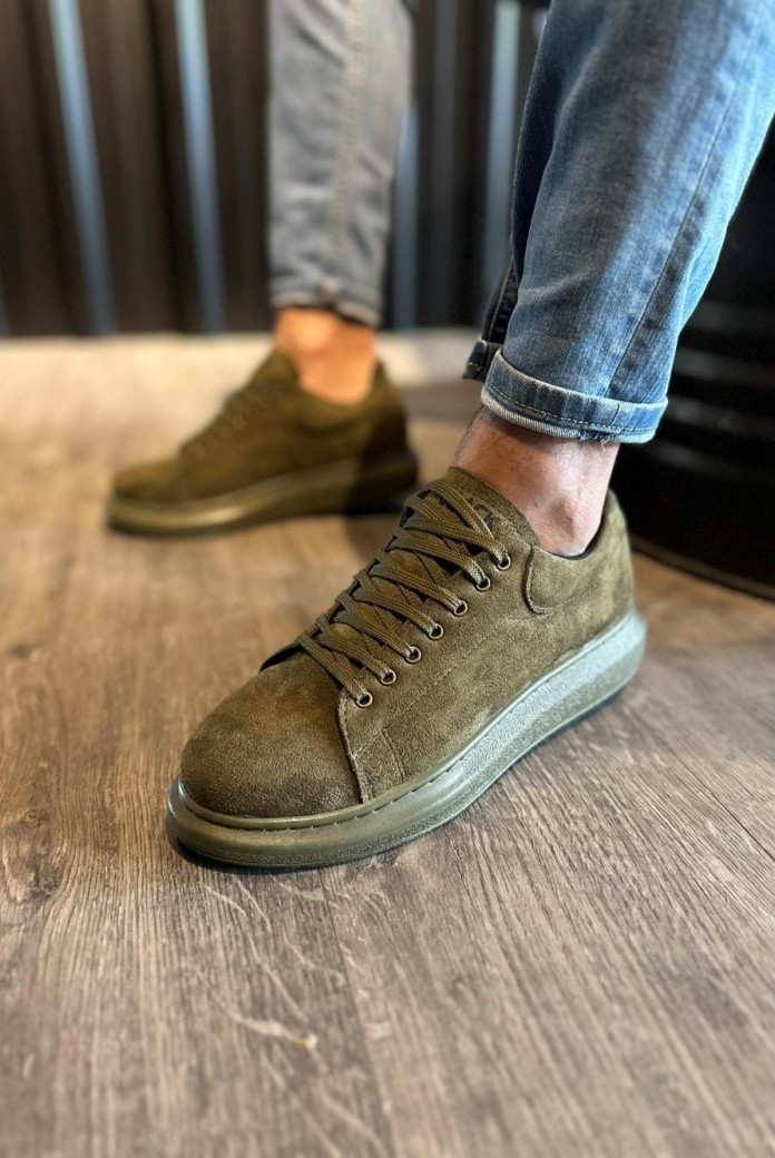KN044 Erkek Günlük Bağcıklı Süet Spor Sneaker Ayakkabı SHT - Haki