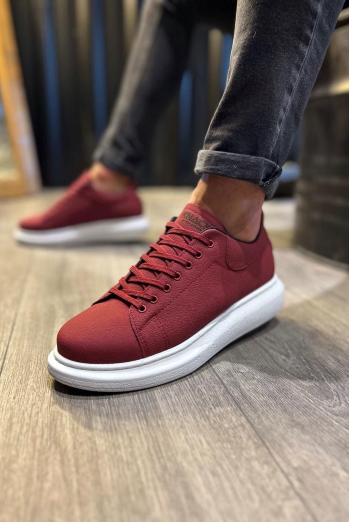 KN045 Erkek Günlük Bağcıklı Cilt Spor Sneaker Ayakkabı CBT - Bordo