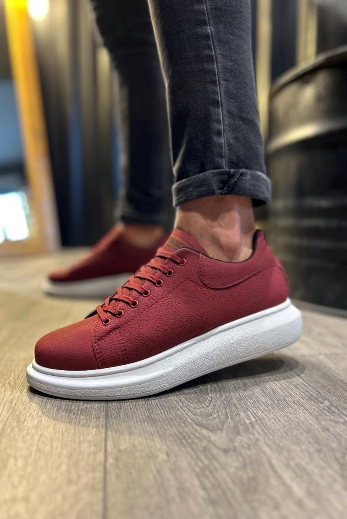 KN045 Erkek Günlük Bağcıklı Cilt Spor Sneaker Ayakkabı CBT - Bordo