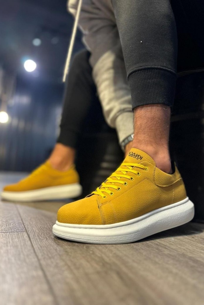 KN045 Erkek Günlük Bağcıklı Cilt Spor Sneaker Ayakkabı CBT - Sarı