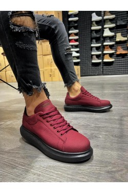 KN045 Erkek Günlük Bağcıklı Cilt Spor Sneaker Ayakkabı CST - Bordo