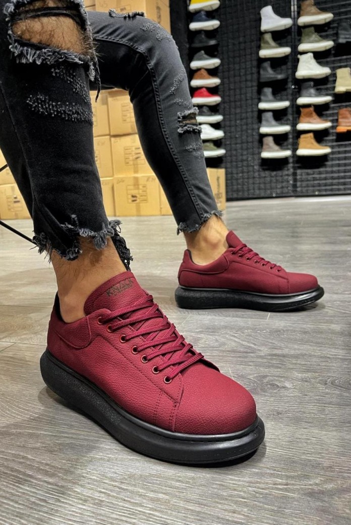 KN045 Erkek Günlük Bağcıklı Cilt Spor Sneaker Ayakkabı CST - Bordo