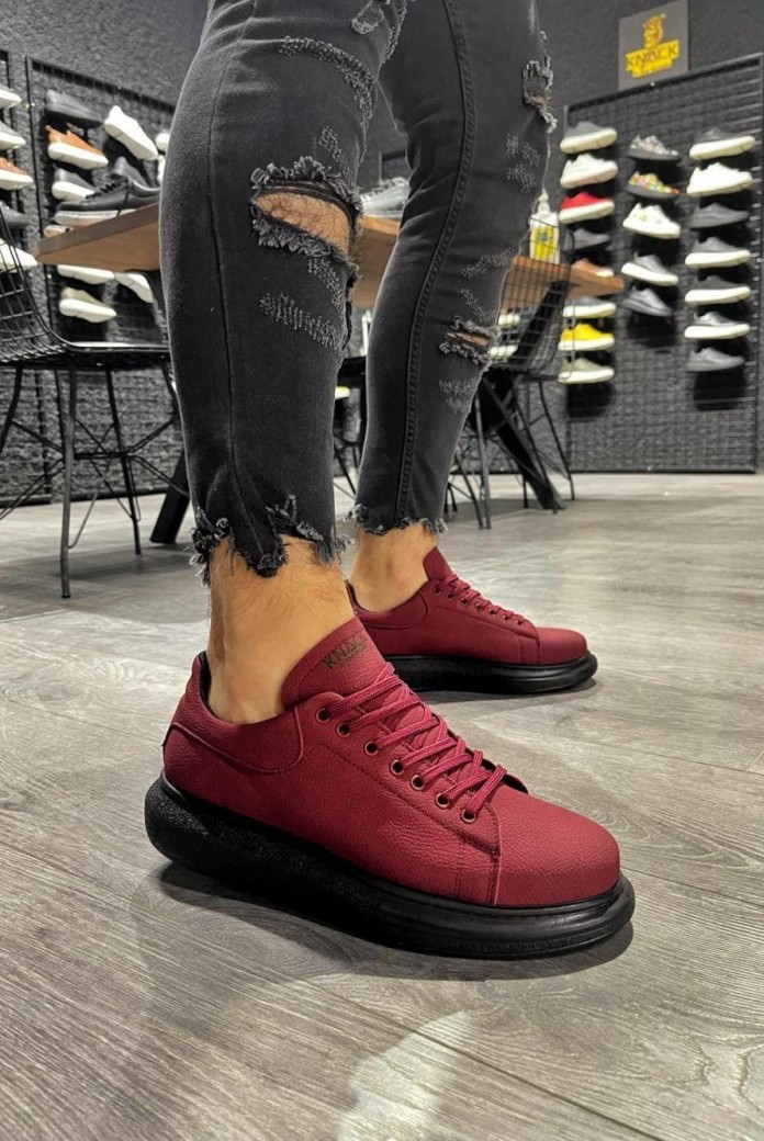 KN045 Erkek Günlük Bağcıklı Cilt Spor Sneaker Ayakkabı CST - Bordo