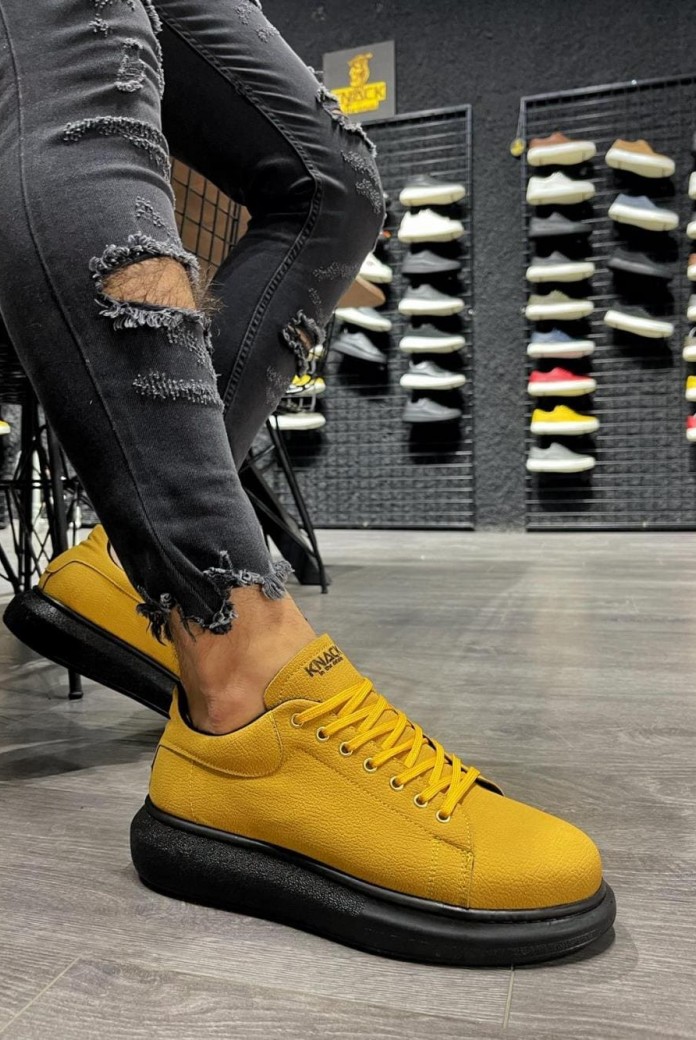 KN045 Erkek Günlük Bağcıklı Cilt Spor Sneaker Ayakkabı CST - Sarı