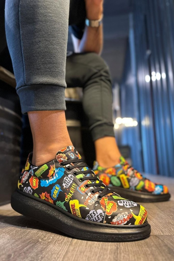 KN046 Erkek Günlük Bağcıklı Hot Baskılı Cilt Spor Sneaker Ayakkabı CST - Siyah