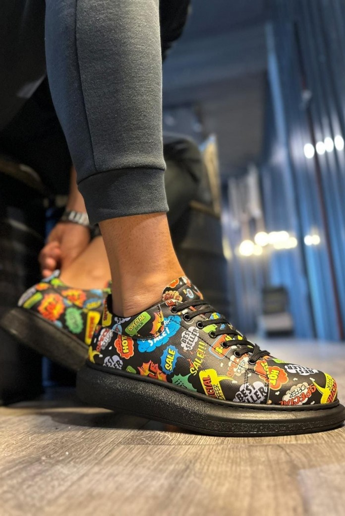 KN046 Erkek Günlük Bağcıklı Hot Baskılı Cilt Spor Sneaker Ayakkabı CST - Siyah
