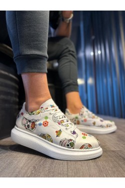 KN046 Erkek Günlük Bağcıklı Kurukafa Baskılı Cilt Spor Sneaker Ayakkabı CBT - Beyaz