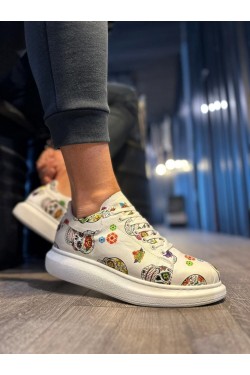 KN046 Erkek Günlük Bağcıklı Kurukafa Baskılı Cilt Spor Sneaker Ayakkabı CBT - Beyaz