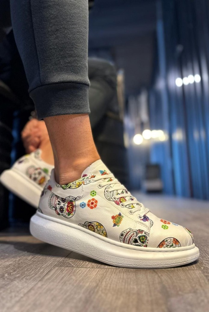 KN046 Erkek Günlük Bağcıklı Kurukafa Baskılı Cilt Spor Sneaker Ayakkabı CBT - Beyaz