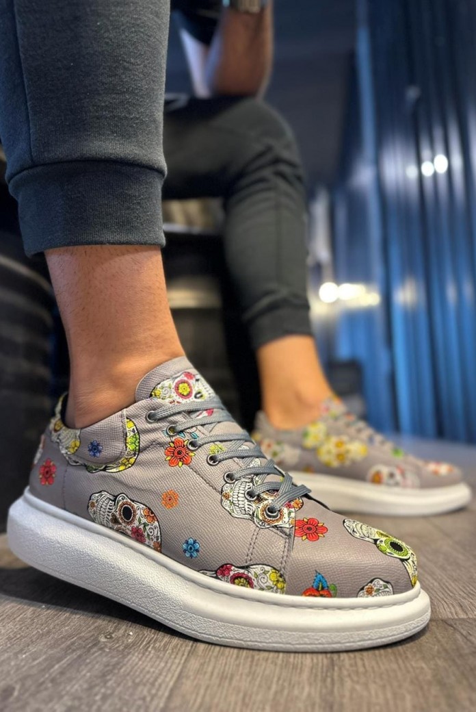 KN046 Erkek Günlük Bağcıklı Kurukafa Baskılı Cilt Spor Sneaker Ayakkabı CBT - Gri