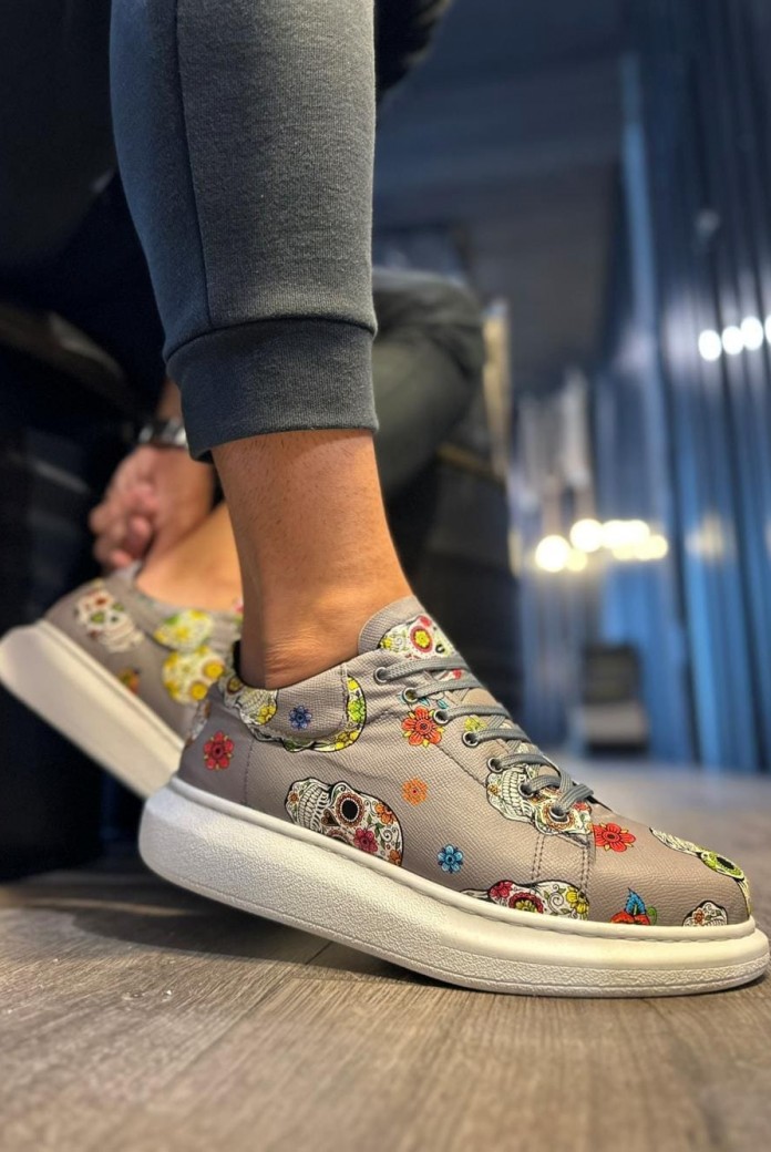 KN046 Erkek Günlük Bağcıklı Kurukafa Baskılı Cilt Spor Sneaker Ayakkabı CBT - Gri
