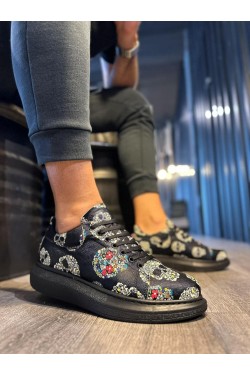 KN046 Erkek Günlük Bağcıklı Kurukafa Baskılı Cilt Spor Sneaker Ayakkabı CST - Siyah