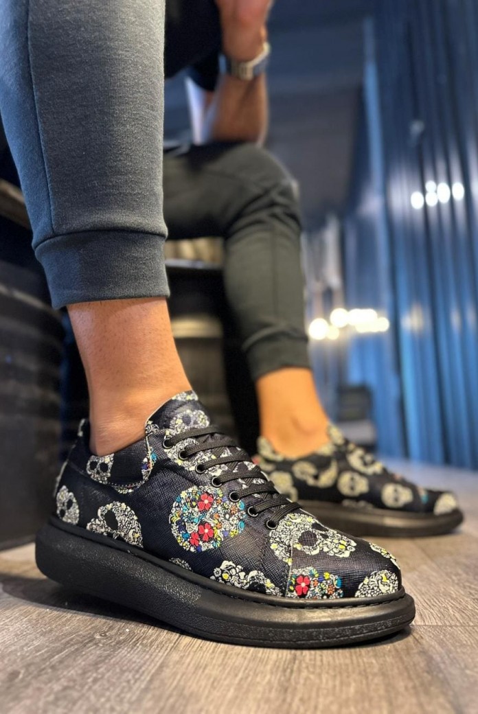 KN046 Erkek Günlük Bağcıklı Kurukafa Baskılı Cilt Spor Sneaker Ayakkabı CST - Siyah
