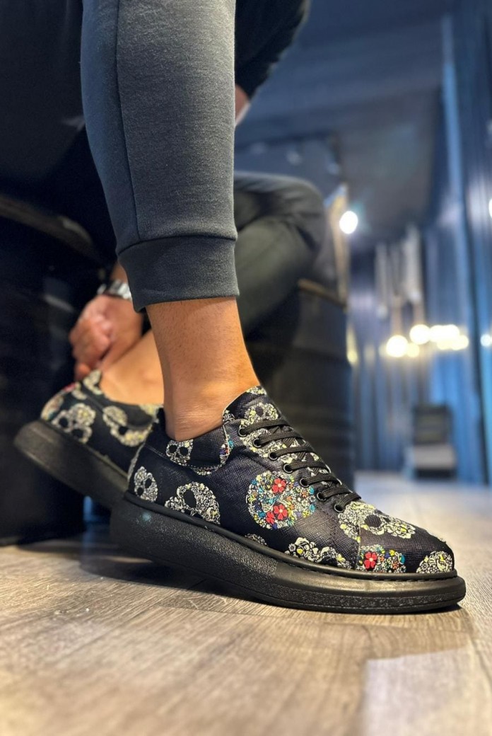 KN046 Erkek Günlük Bağcıklı Kurukafa Baskılı Cilt Spor Sneaker Ayakkabı CST - Siyah