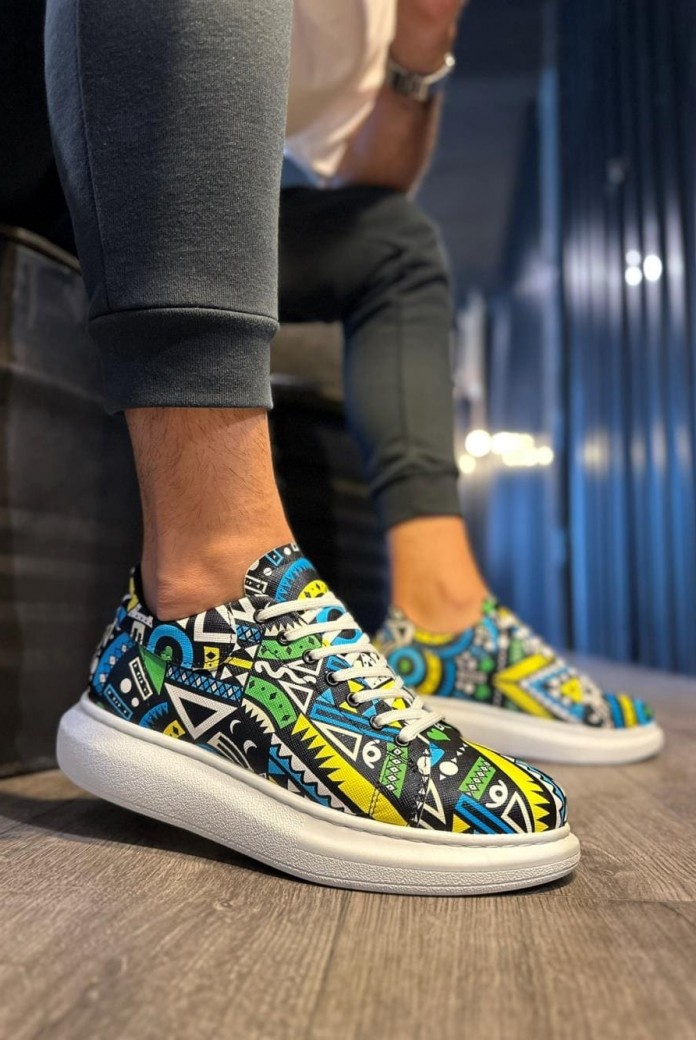 KN046 Erkek Günlük Bağcıklı Renkli Baskılı Cilt Spor Sneaker Ayakkabı CBT - Yeşil