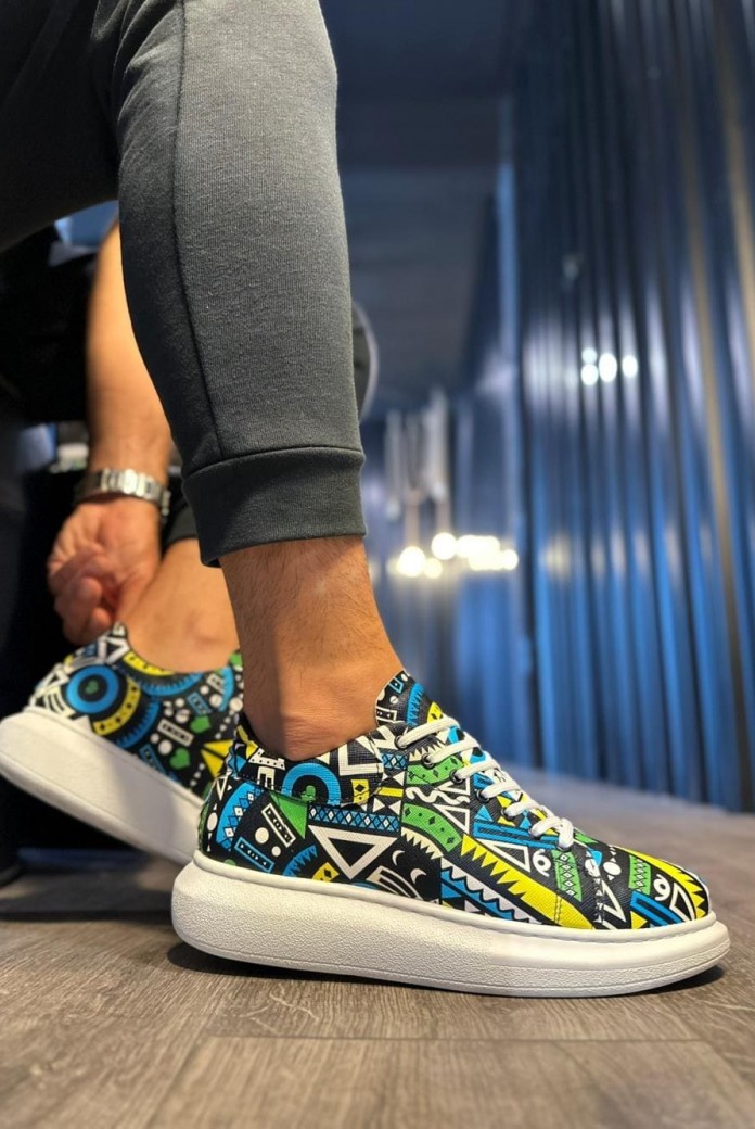 KN046 Erkek Günlük Bağcıklı Renkli Baskılı Cilt Spor Sneaker Ayakkabı CBT - Yeşil
