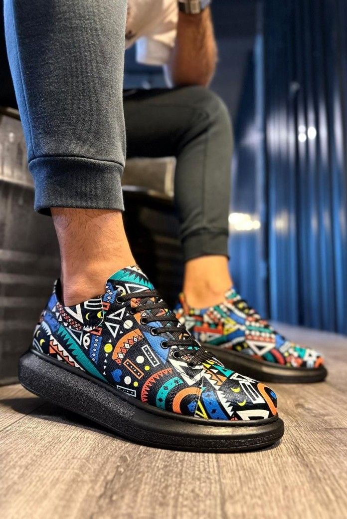 KN046 Erkek Günlük Bağcıklı Renkli Baskılı Cilt Spor Sneaker Ayakkabı CST - Siyah