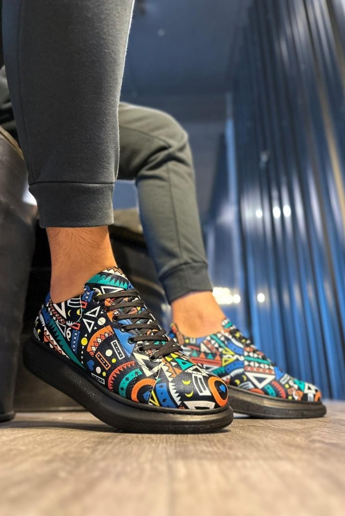 KN046 Erkek Günlük Bağcıklı Renkli Baskılı Cilt Spor Sneaker Ayakkabı CST - Siyah