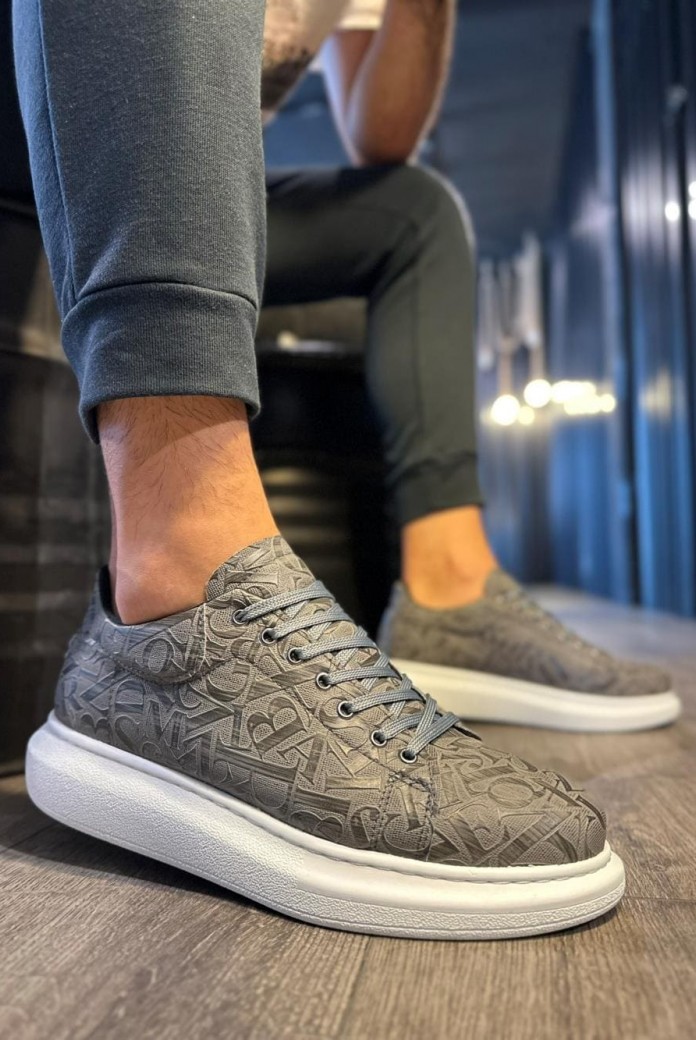KN047 Erkek Günlük Bağcıklı Harf Desenli Cilt Spor Sneaker Ayakkabı CBT - Gri