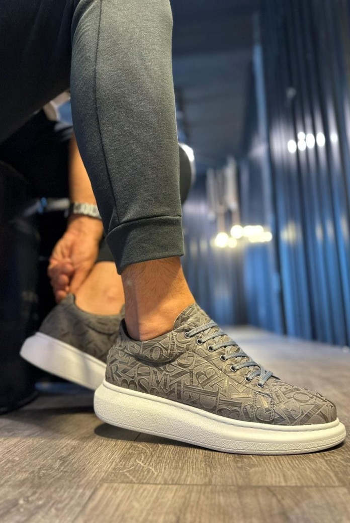 KN047 Erkek Günlük Bağcıklı Harf Desenli Cilt Spor Sneaker Ayakkabı CBT - Gri