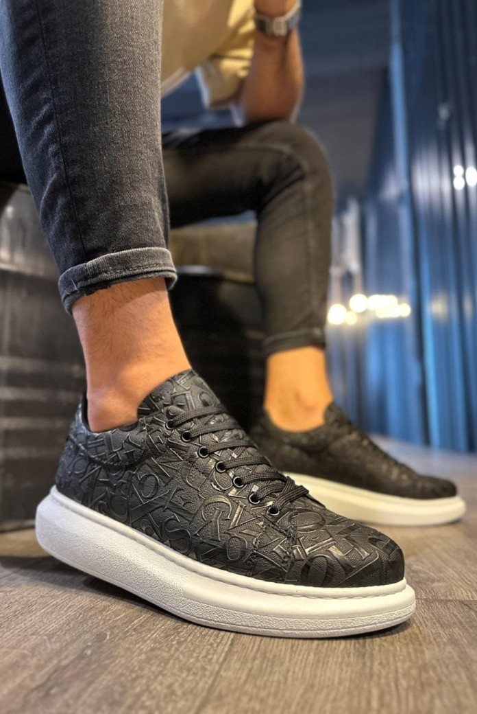 KN047 Erkek Günlük Bağcıklı Harf Desenli Cilt Spor Sneaker Ayakkabı CBT - Siyah