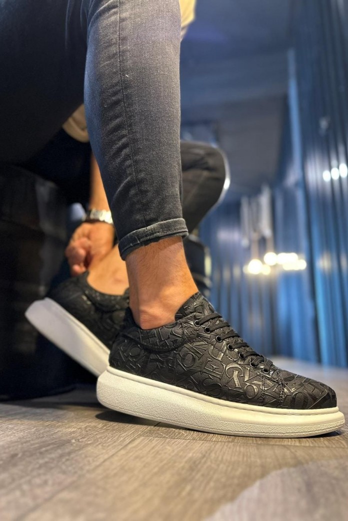 KN047 Erkek Günlük Bağcıklı Harf Desenli Cilt Spor Sneaker Ayakkabı CBT - Siyah