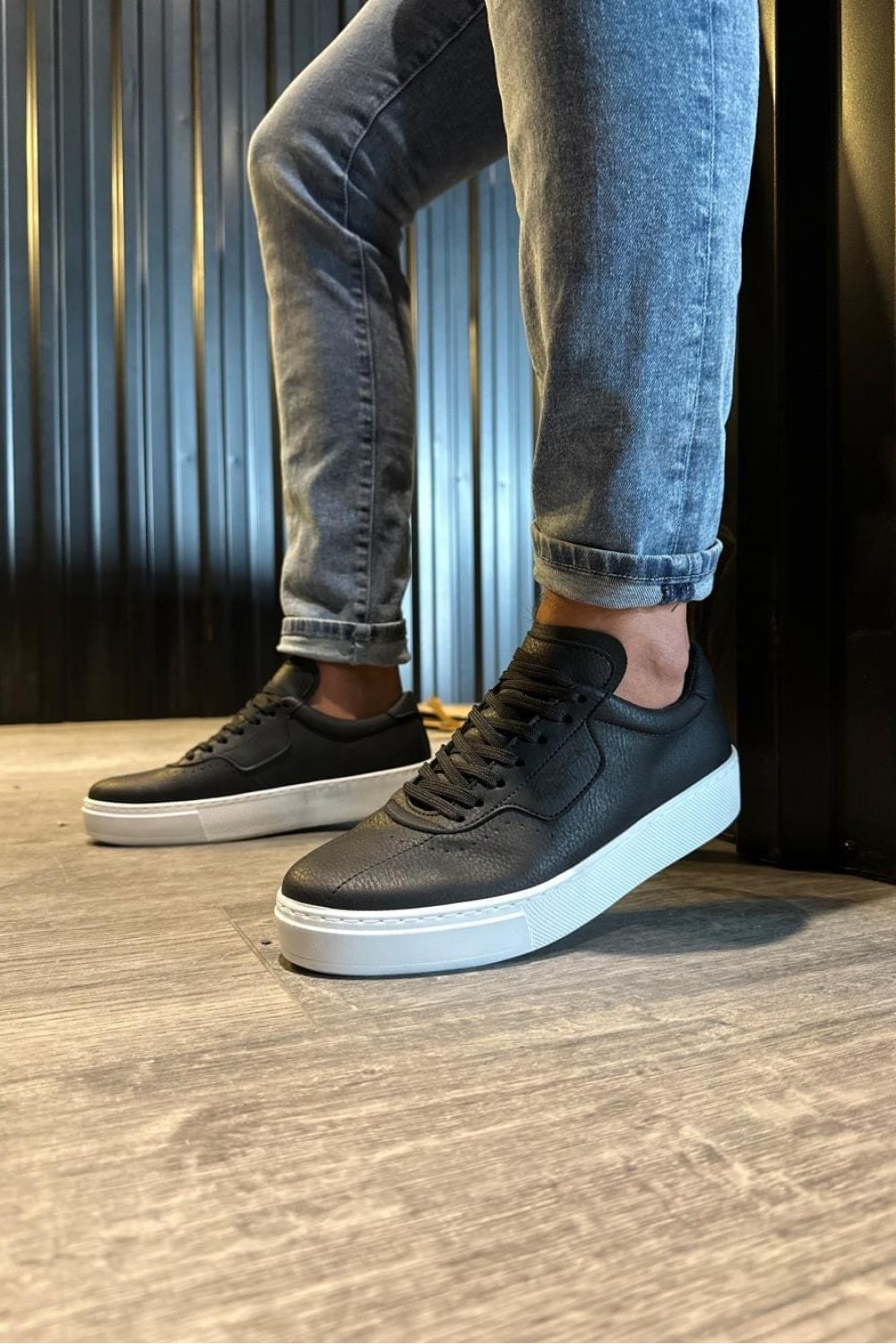 KN060 Erkek Günlük Bağcıklı Cilt Spor Sneaker Ayakkabı CBT - Siyah