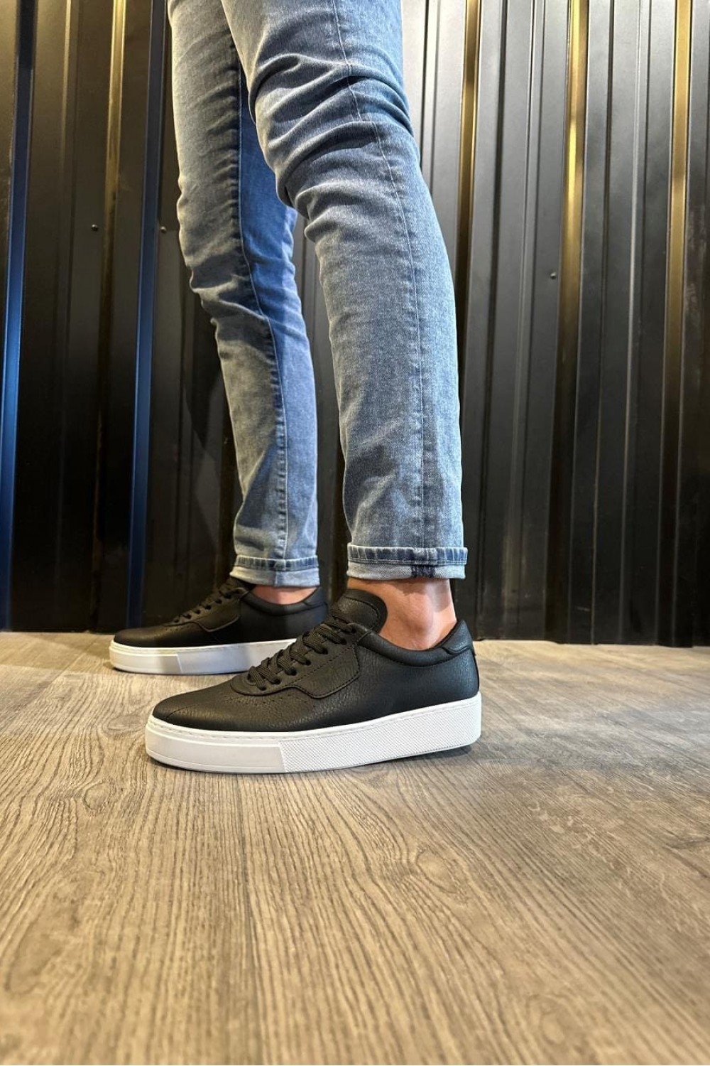 KN060 Erkek Günlük Bağcıklı Cilt Spor Sneaker Ayakkabı CBT - Siyah