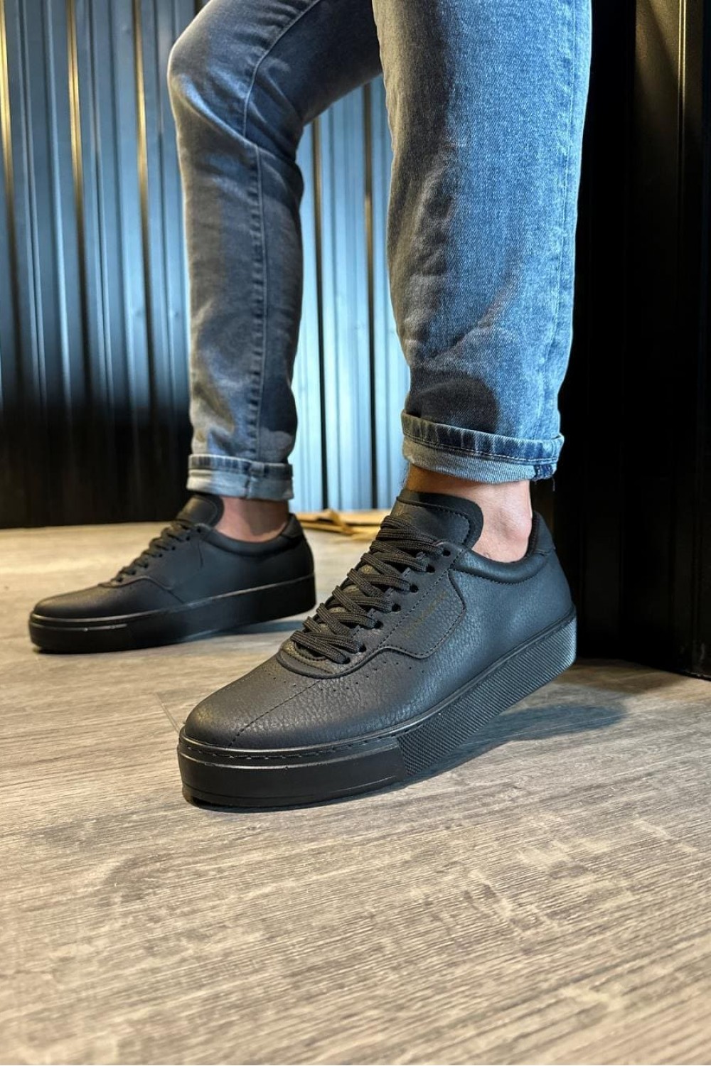 KN060 Erkek Günlük Bağcıklı Cilt Spor Sneaker Ayakkabı CST - Siyah